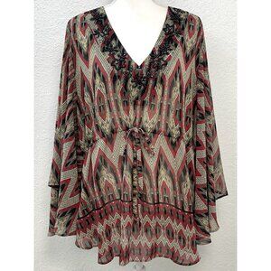 BANDOLINO Womens XL Red/Beige/Black Sheer Chiffon Flowy Beaded KAFTAN Tunic EUC